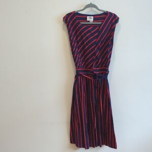 Vintage Lanz Originals 1970s Navy and Red Striped Wrap Dress, EUC